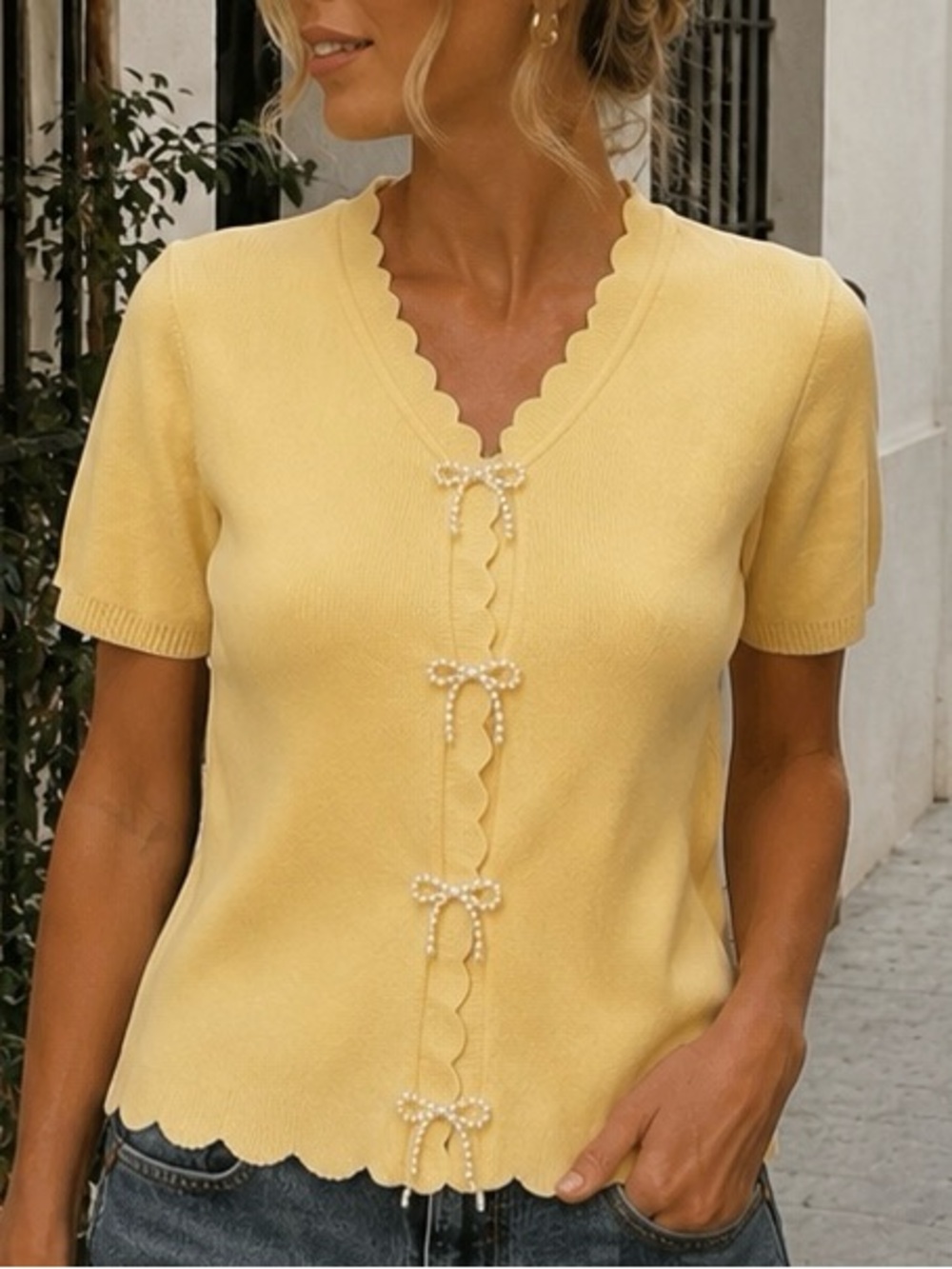 Skies Are Blue Butter Yellow Scalloped Pearl Bow Knit Cardigan | NWT | Size MP